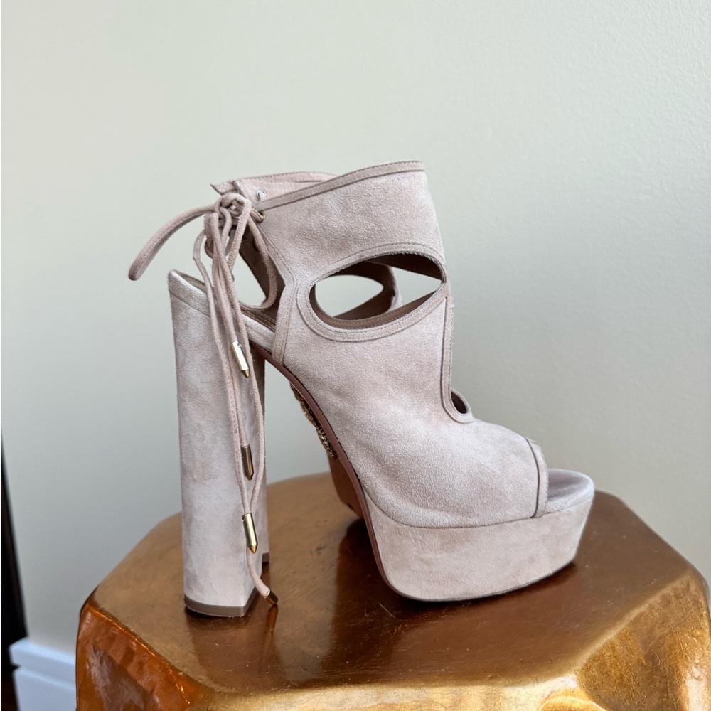 Celebrity-loved Aquazzura Sexy Thing Suede Platform Sandals in blush, size 9.5